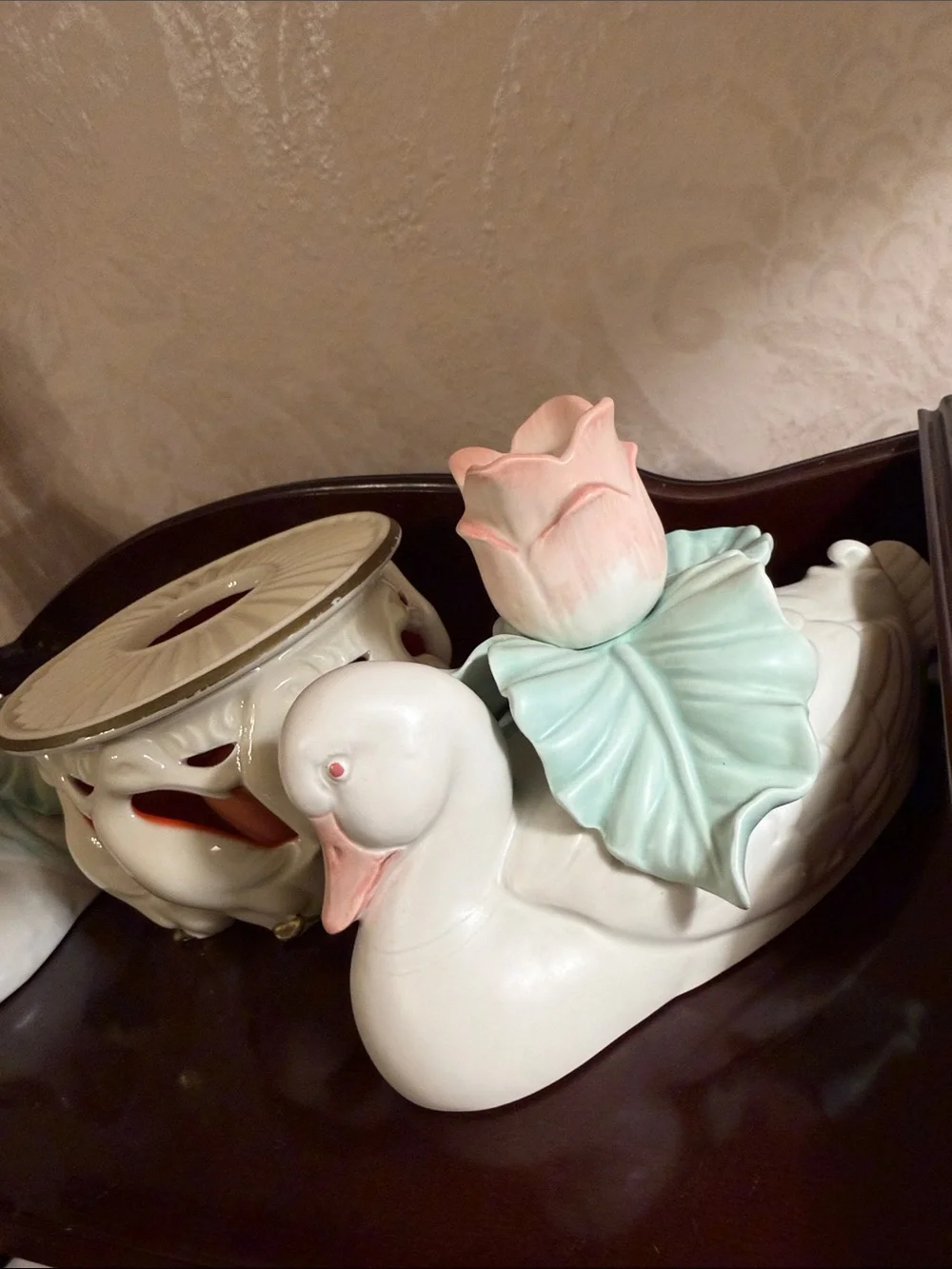Set of 3 candle holders  Duck Figurine with Pink Flowers